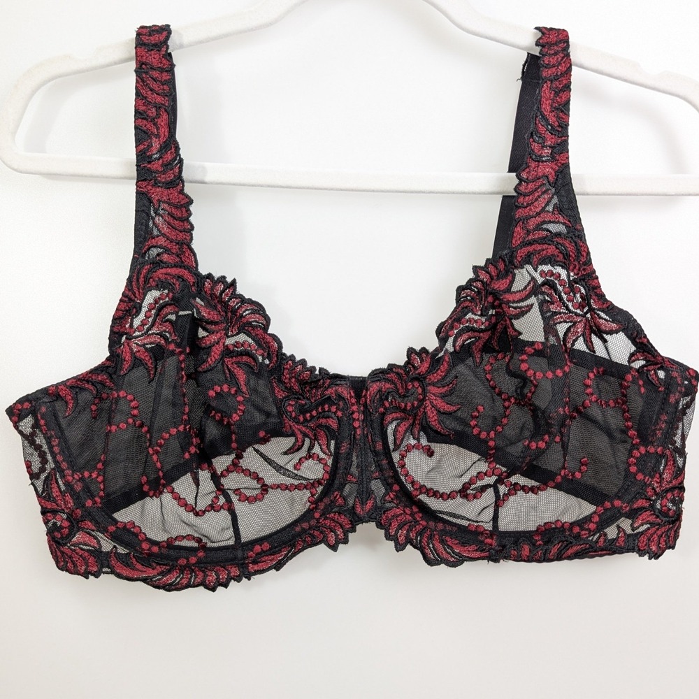 Lunaire Floral Embroidered Sheer Mesh Unlined Bra Size‎ 40D Black Red Underwire